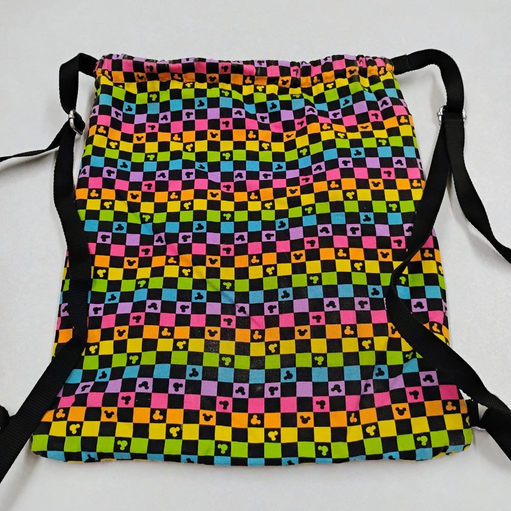 Disney Parks Mickey Checkered Drawstring Backpack Bag Rainbow Colors